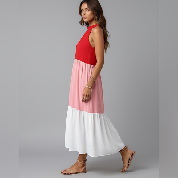 Colorblock Ruffle Hem Halter Neck Dress - Picture 2 of 9
